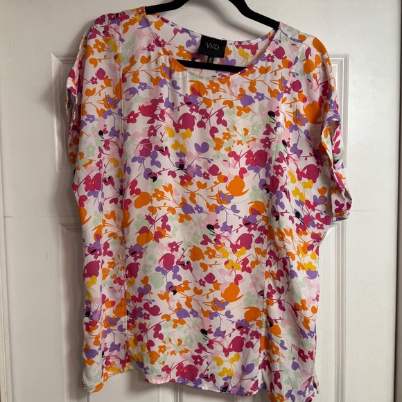W5 Tops - W5 Floral Print Blouse Tunic Top XL White Pink Orange Purple Short Sleeve